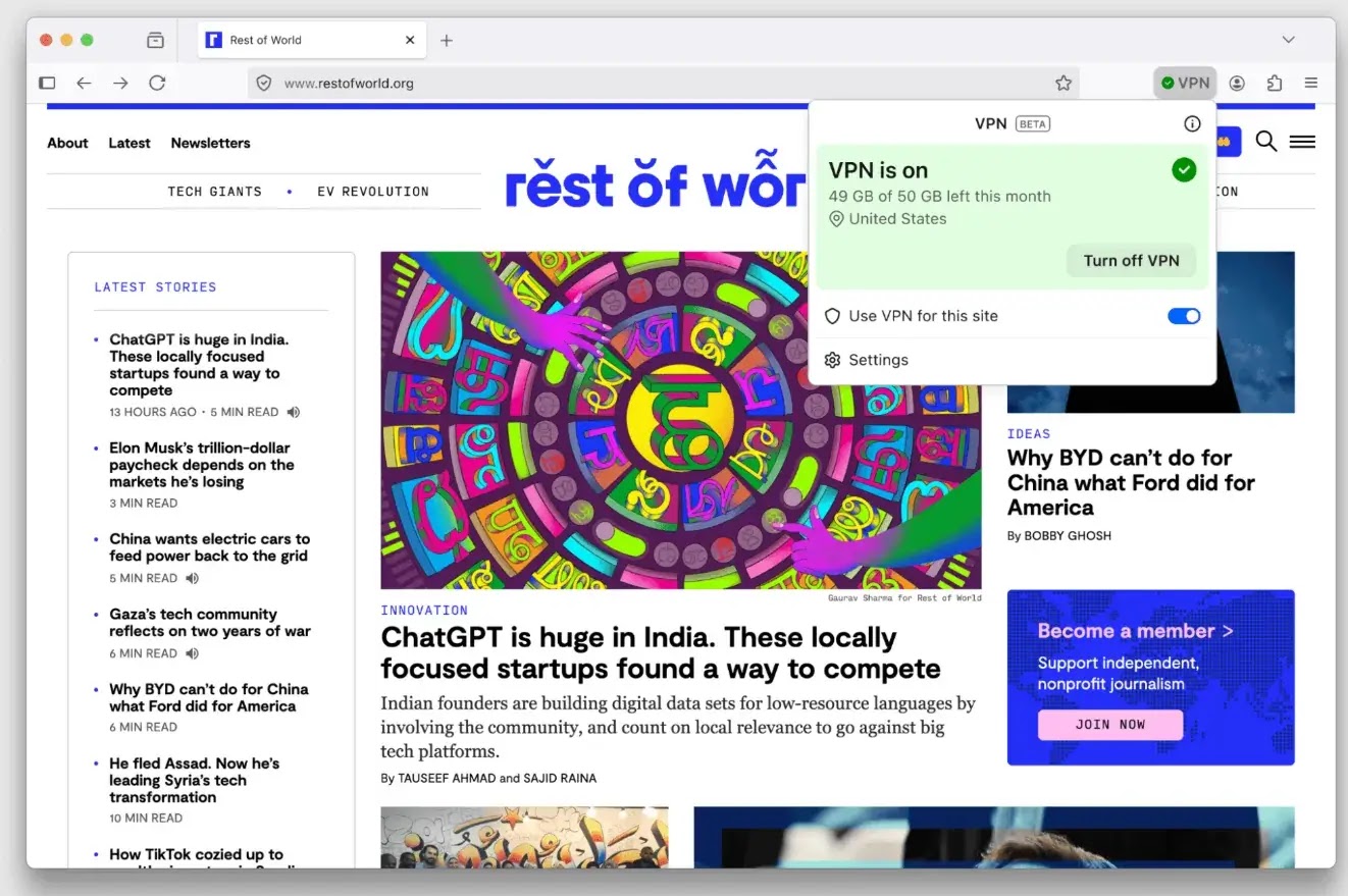 Ο Firefox προσθέτει ένα δωρεάν VPN με 50 GB/μήνα για να κρύψει την IP και την τοποθεσία σας (πηγή: firefox)
